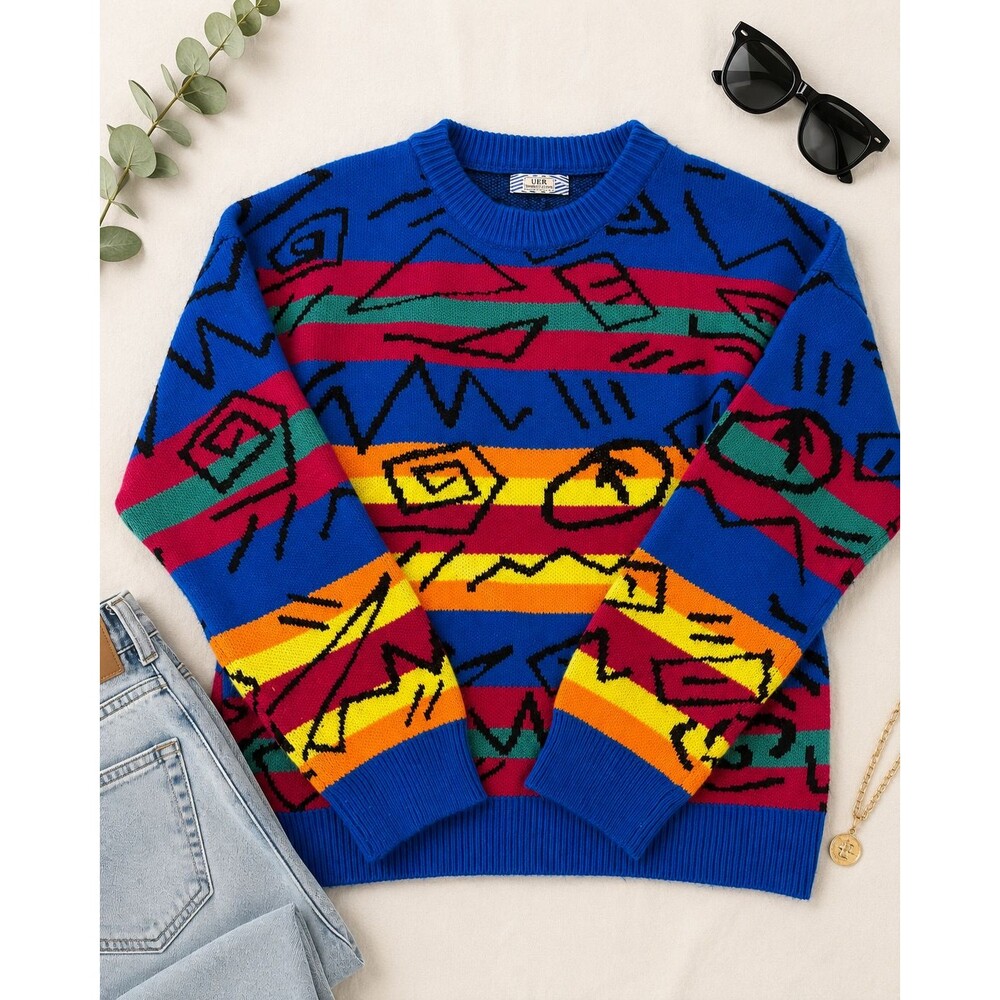 UER Abstract Geometric Knit Sweater 160/84A Blue Multicolor Retro‎ Pullover